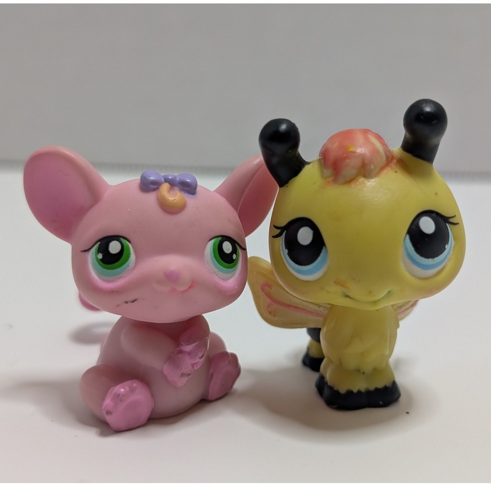 Littlest Pet Shop LPS Pink Rat #303 & Yellow Bumble Bee #201 Figures Hasbro 2005
